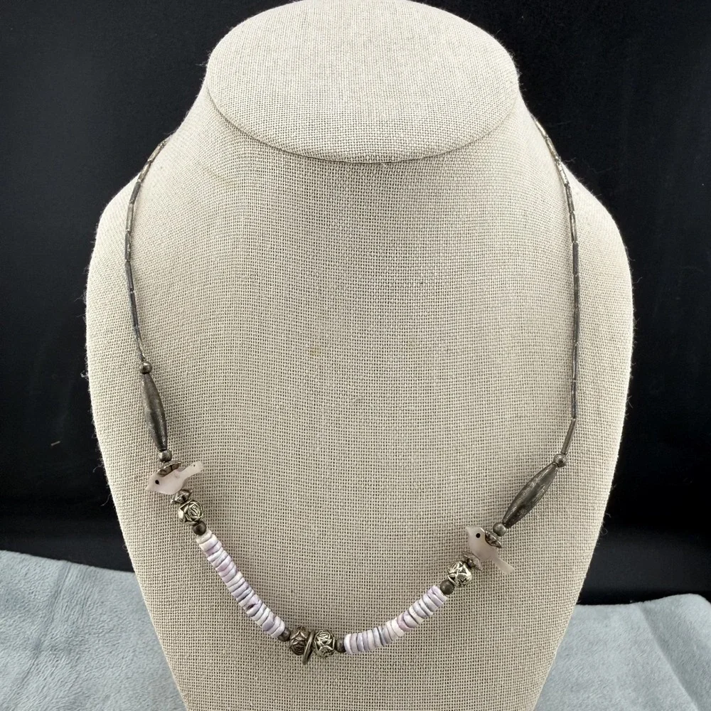 Vintage Fetish Necklace‎ Birds Purple Beaded Shell Silver Tone 19